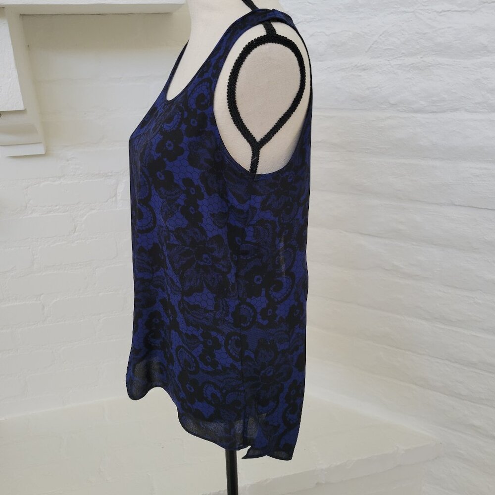 Express Tank Top Womens Small Blue Black Back Slit Navy Floral Sleeveless - Picture 3 of 7